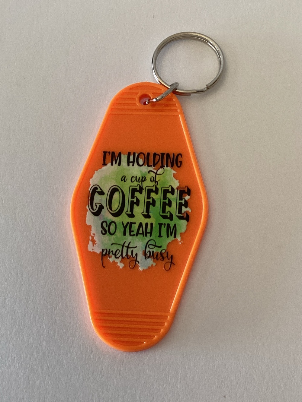 Orange Novelty Keychain with Coffee Quote